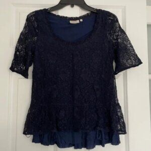 Deletta Anthropologie Navy Lace Peplum Blouse Sz S